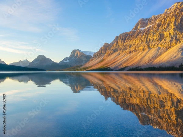 Fototapeta Bow lake, Alberta, Canada. Mountain landscape during sunrise. Reflections on the surface of the water. Sunbeams in a valley. Background, wallpaper, postcards.