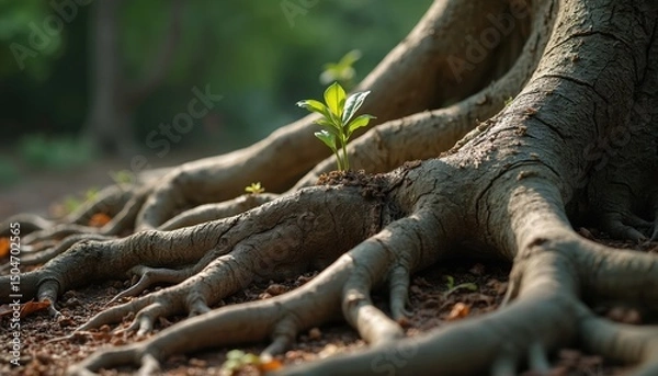 Fototapeta Close up of tree roots, green leaves. New life concept. Strong tree roots, big trunk. Natural wood texture. Close up of roots with green sprout, forest, background. Nature, growth, life.