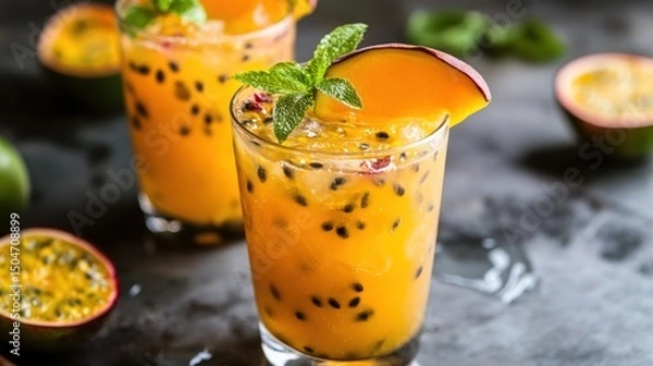Obraz Refreshing Passion Fruit and Peach Cocktail in a Glass