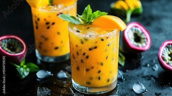 Obraz Refreshing passion fruit cocktail with mango garnish and mint sprig on dark surface