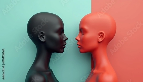 Fototapeta Abstract concept with two faces in profile view. One black, one red, representing duality, contrast on split-colored background. Illustration of human emotion, relationships, differences, diversity.