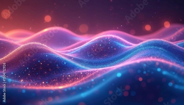 Fototapeta Abstract digital illustration of neon glowing lines with bokeh lights. Dark purple background with waves in blue and pink colors. Dynamic energy flowing movement, futuristic tech concept.