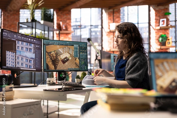 Fototapeta Freelancer designer decorates an apartment floor plan on a computer, using architectural software to configure elements. Woman uses interface to enable rendering and 3D modeling.