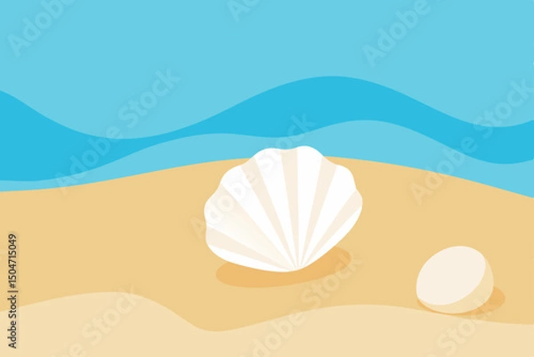 Fototapeta Tropical seashell on a sandy beach with ocean water and a summer sky