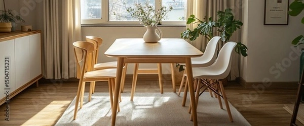 Fototapeta Bright and inviting dining area with natural light and contemporary furniture style