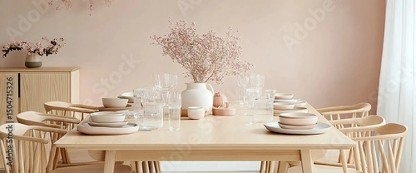 Fototapeta Elegant and contemporary dining room setup with soft pastel colors and minimalist design