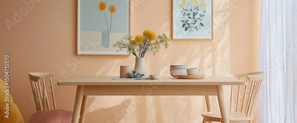 Fototapeta Elegant dining space featuring wooden table, chairs, and floral arrangements and artwork