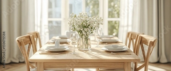 Fototapeta Elegant dining room scene with a wooden table setting and natural light shining through