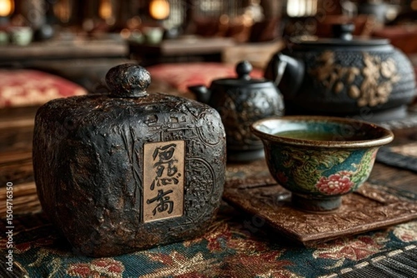 Fototapeta Traditional Tea Ceremony Setup with Ornate Teapot and Cup on a Richly Decorated Tablecloth