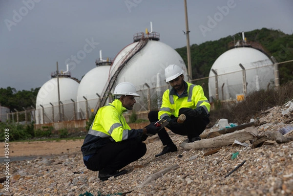 Fototapeta Two Environment staff with green safety jacket check Garbage polluting environment around factory