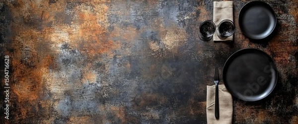 Obraz Elegant black tableware arrangement on a textured rustic background creating a sophisticated table setting