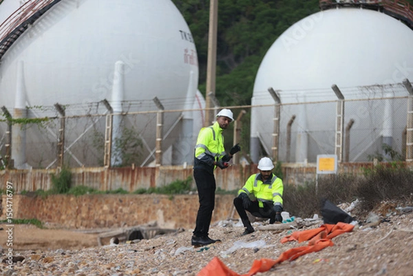 Obraz Two safety and environment inspectors  investigate a site, Environment engineer team with green safety jacket and PPE audit environment around factory Industrial and environment