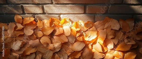 Fototapeta Autumnal Still Life: Sun-Kissed Fallen Leaves Against a Rustic Brick Wall