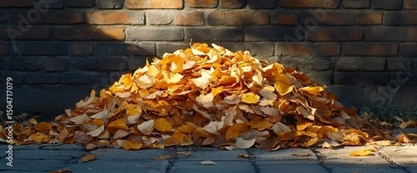 Fototapeta Autumn's Golden Embrace: Pile of Fallen Leaves against a Rustic Brick Wall backdrop