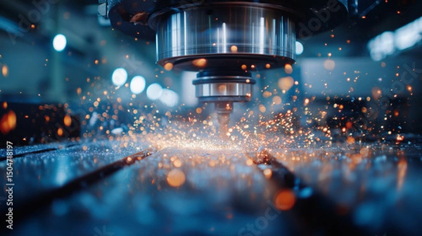 Fototapeta Close-up of metal finishing on a high-precision grinding machine in a workshop, sparks flying, smooth surface creation, focused industrial environment with cool lighting and fine d