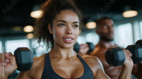 Fototapeta Group of fit individuals lifting dumbbells in sync during a high-energy exercise class at a modern gym, wearing athletic clothing, focused and motivated expressions, bright studio