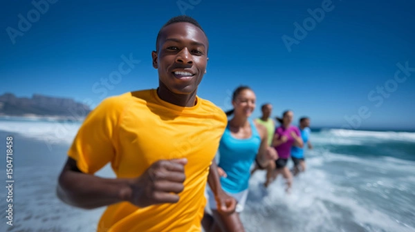 Fototapeta Group of energetic people jogging together on a sunny beach, smiling and having fun while training, wearing colorful athletic wear, ocean waves and blue sky in the background activ