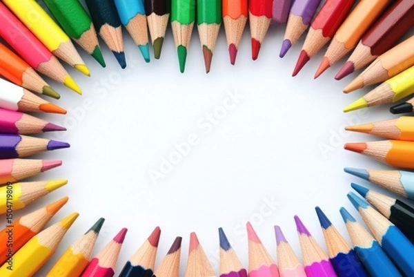 Fototapeta A vibrant and colorful frame made entirely from color pencils, isolated on a white background for a playful look