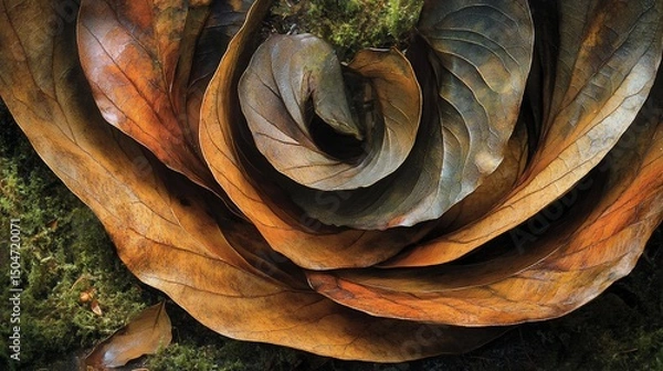 Fototapeta Dried leaves arranged in a spiral pattern on a mossy surface displaying texture
