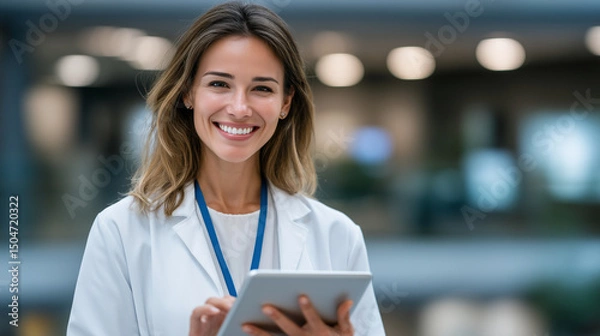 Fototapeta Smiling female doctor with tablet in hospital, reading digital test results for research, website content, or patient communication, combining healthcare, medicine, and technology