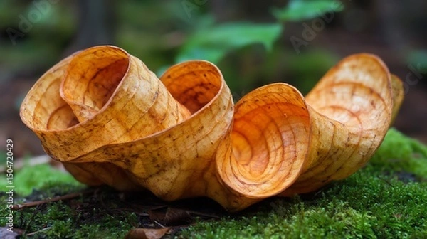Fototapeta Autumn artistry: Delicate swirls of a fallen leaf amidst vibrant green moss