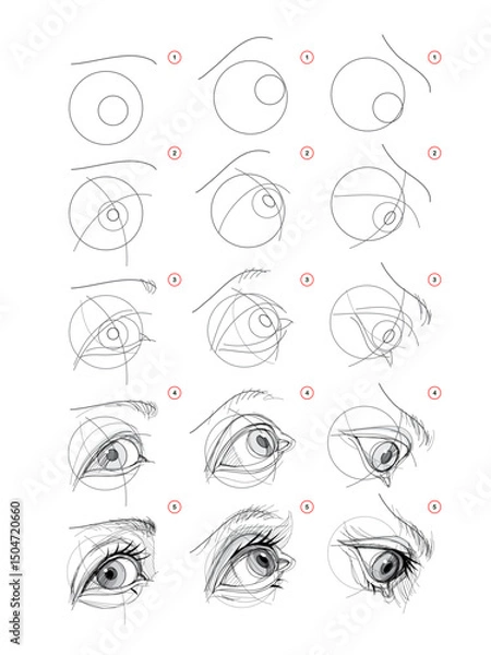 Fototapeta Page shows how to learn to draw sketch of imaginary eye from different angles. Pencil drawing lessons. Educational page for artists. Textbook for developing artistic skills. Hand drawn vector.