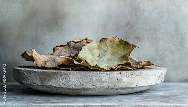 Fototapeta Minimalist composition with dried leaves in a concrete bowl and neutral background