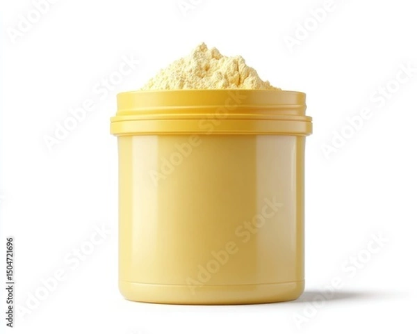 Fototapeta A yellow plastic jar containing whey protein powder, isolated on a white background, with soft shadows to emphasize its structure