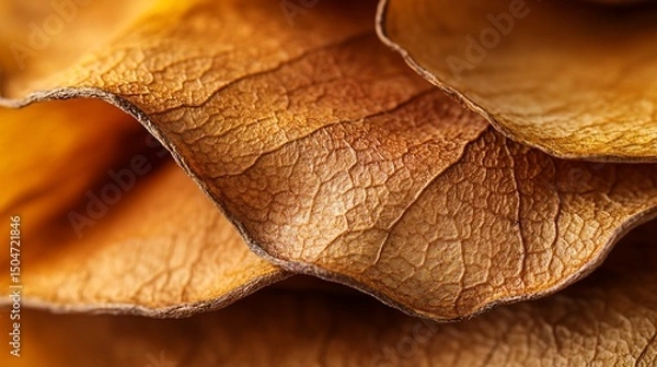 Fototapeta Detailed close-up showcasing the intricate textures of dried leaves in autumn hue