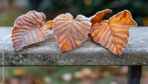 Fototapeta Frosty Autumn Leaves: A close-up of frozen leaves on a stone bench in winter