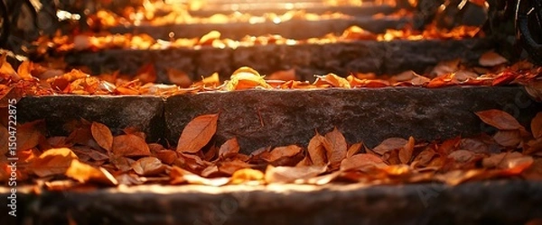 Fototapeta Golden autumn leaves cascade down stone steps in the warm sunlight