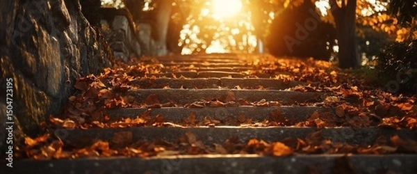 Fototapeta Autumn Path: Stairway to Light Covered in Fallen Leaves in a Serene Park