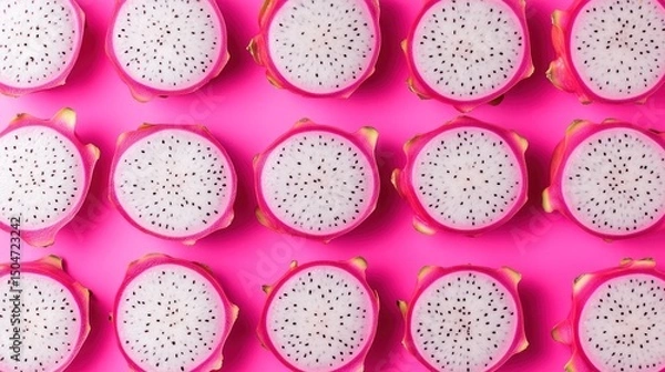 Obraz Overhead View of Sliced Dragon Fruit Arranged on Vibrant Pink Background