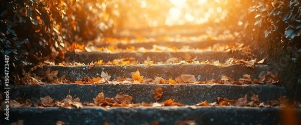 Fototapeta Golden steps: Autumn sunlight dapples a stone staircase covered with fallen leaves