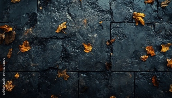 Fototapeta Autumnal Serenity: Fallen Leaves on Textured Stone Surface Capturing Seasonal Beauty