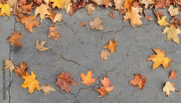 Fototapeta Autumn leaves on cracked pavement creating a seasonal textured background effect