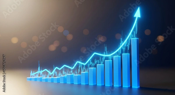 Obraz Glowing blue investment finance chart dynamic visualization depicting stock market business exchange financial growth curving line and bars