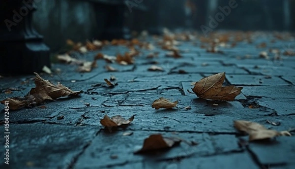 Fototapeta Autumn serenity fallen leaves on stone path create melancholic moody scenery