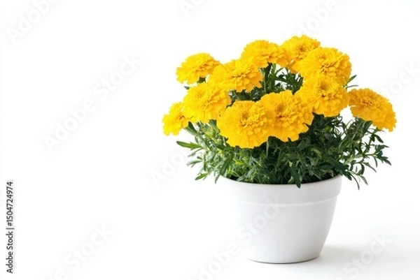 Fototapeta Bright yellow marigold flowers in a simple pot, isolated on a plain white background for a burst of color