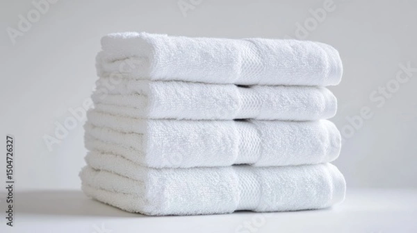 Fototapeta Clean white towels stacked neatly on a plain white background, emphasizing their soft texture