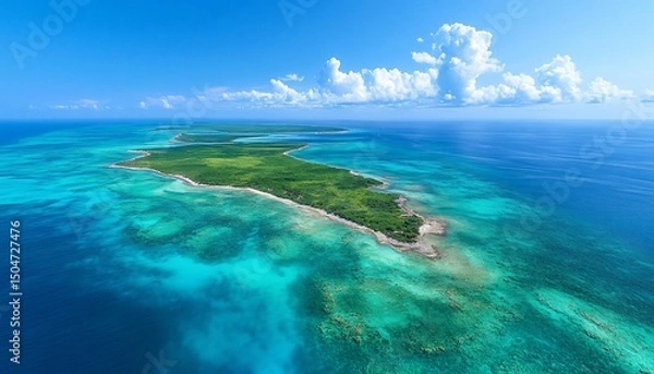 Fototapeta Aerial view of a tropical island paradise with clear turquoise water and lush greenery