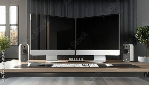 Fototapeta Sleek workstation setup featuring dual monitors, audio speakers, and modern aesthetics