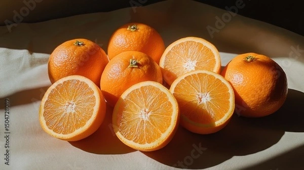 Obraz Vibrant Oranges: Whole and Sliced, Bathed in Natural Sunlight, Close Up