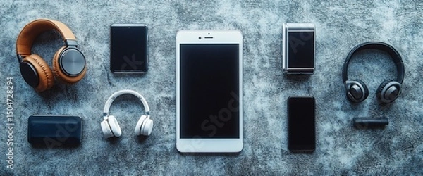 Fototapeta Various electronic gadgets laid out on a textured gray surface, showcasing modern tech