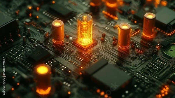 Fototapeta Illuminating pathways: close-up view of a complex circuit board with glowing components