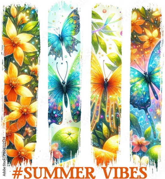Fototapeta Brush strokes shape Vibrant “#SUMMER VIBES” sublimation design with colorful butterflies, florals, and citrus—perfect for t-shirts, mugs, and seasonal craft projects.