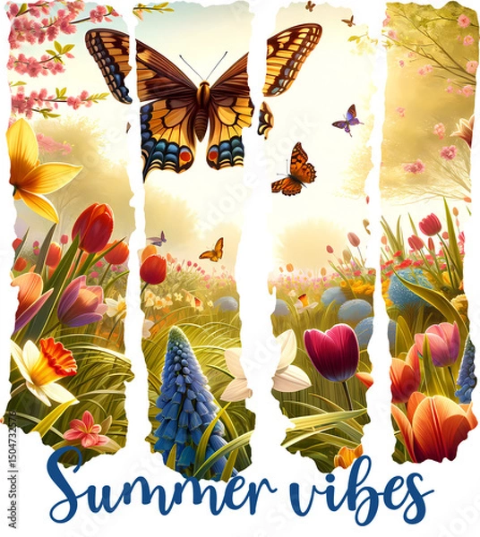 Fototapeta Brush strokes shape Joyful “Summer Vibes” sublimation design with butterflies and blooming hills—perfect for t-shirts, mugs, and bright seasonal craft projects.