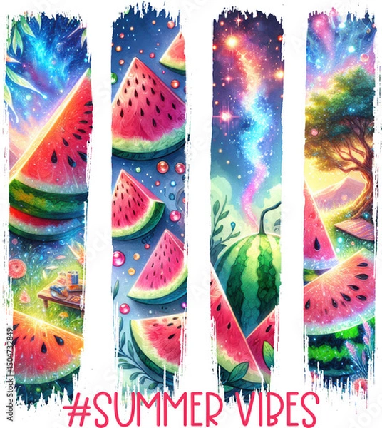 Fototapeta Brush strokes shape Playful “#Summer Vibes” sublimation design with juicy watermelon slices and dreamy skies—perfect for t-shirts, tumblers, and fruity seasonal crafts.