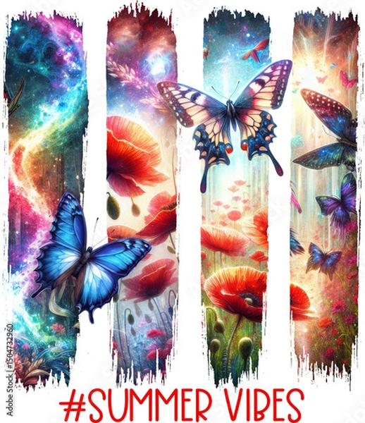 Fototapeta Brush strokes shape Vibrant “#Summer Vibes” sublimation design with butterflies and poppies—ideal for t-shirts, tumblers, and magical seasonal craft projects.