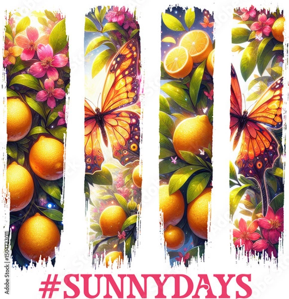 Fototapeta Brush strokes shape Bright “#SunnyDays” sublimation design with oranges, blossoms, and butterflies—perfect for t-shirts, mugs, and cheerful summer craft projects.